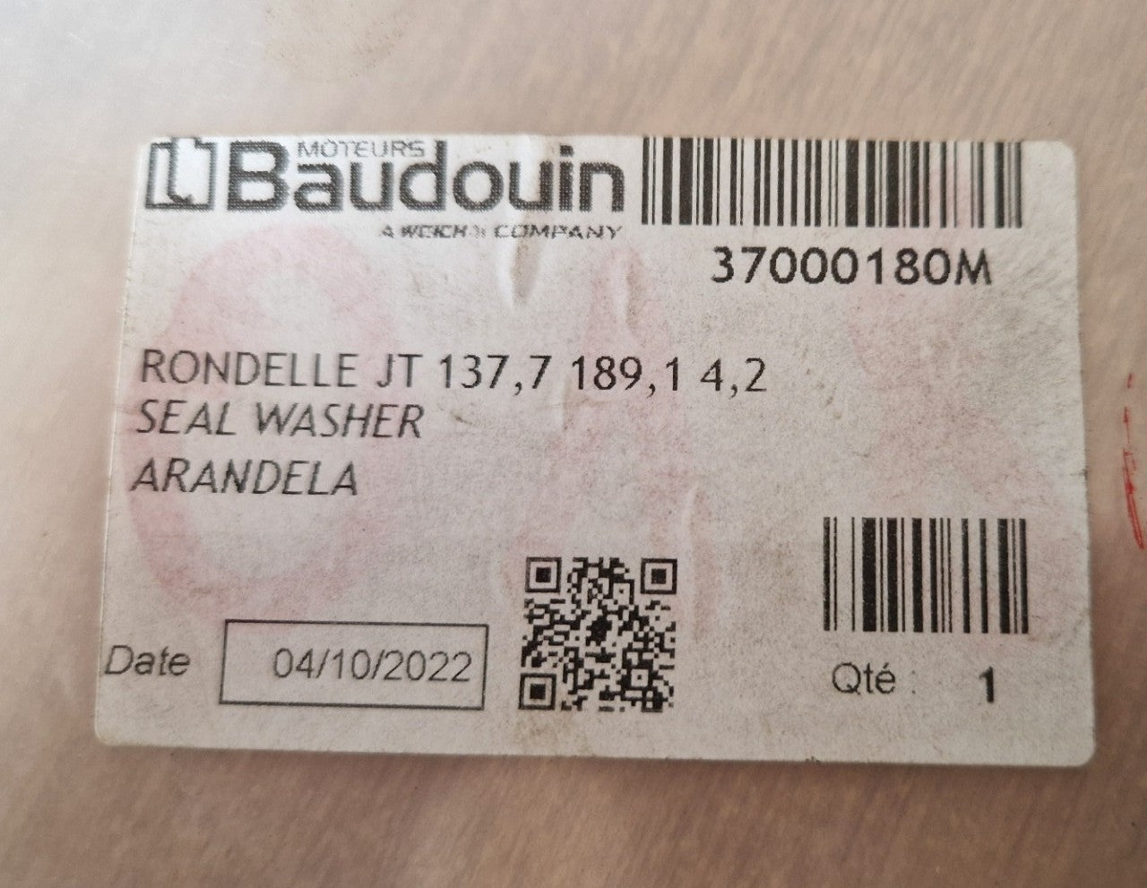 Baudouin Rondelle JT, 137 ,7 189,1 4,2 Seal Washer Arandela